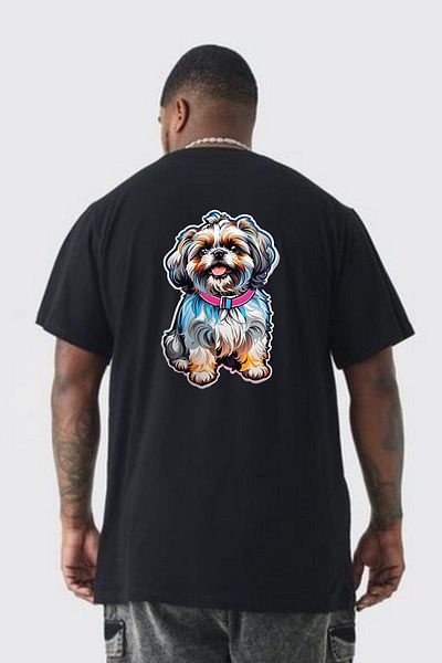 Angemiel تي شيرت أسود ملون كبير الحجم من Shih Tzu - نسائي/رجالي، مطبوع على الظهر