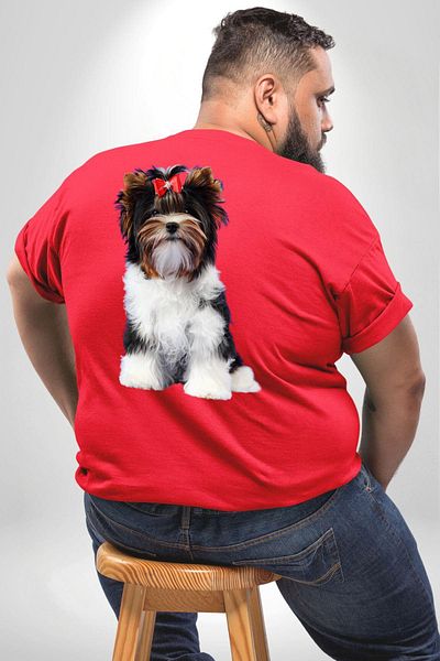 Angemiel تي شيرت Biewer Yorshire Terrier مقاس كبير - أحمر للجنسين، مطبوع على الظهر