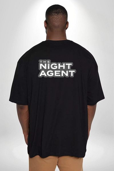Angemiel تي شيرت أسود كبير الحجم للجنسين من Night Agent - مطبوع على الظهر