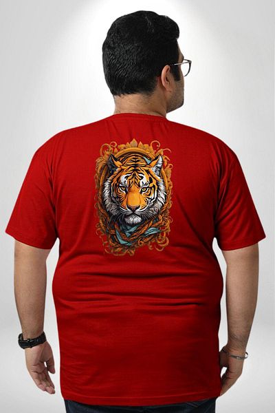 Angemiel تي شيرت Red Tiger Ornamental مقاس كبير للجنسين - مطبوع على الظهر