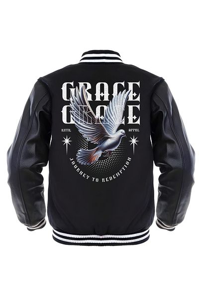 Edizen Unisex Μαύρο Bomber College Jacket - Δερμάτινα μανίκια, 100% βαμβάκι, Oversize Grace