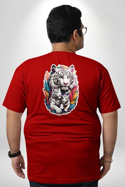 Angemiel ريش ملون مقاس كبير - تي شيرت مطبوع عليه ظهر للجنسين من Red White Tiger Family