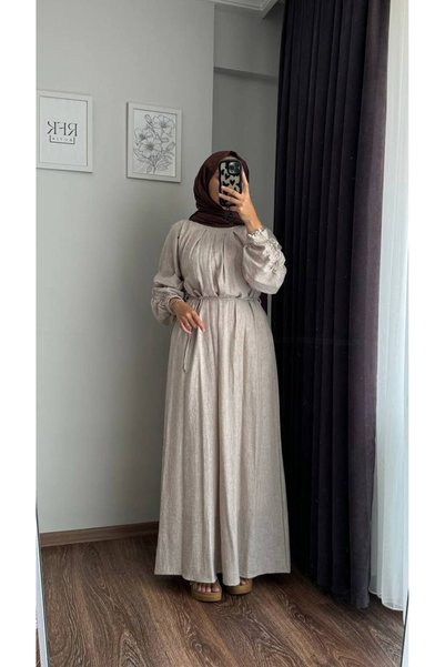 RFK Butik Women's Mobile Belted Balloon Sleeve Linen Beige Design Dress