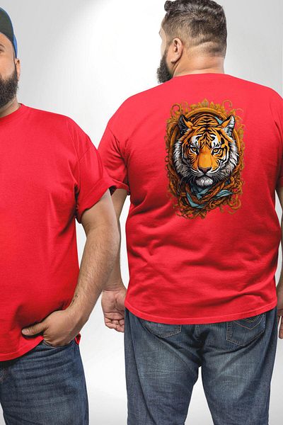Angemiel تي شيرت Red Tiger Ornamental مقاس كبير للجنسين - مطبوع على الظهر