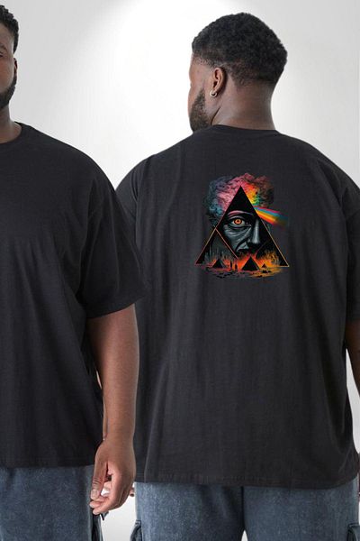 Angemiel تي شيرت أسود كبير الحجم من Pink Floyd Eye Pyramid - للرجال والنساء والجنسين مع طباعة خلفية