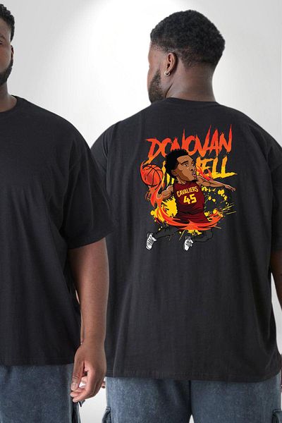 Angemiel تي شيرت أسود كبير الحجم مطبوع عليه رسوم كرتونية لكرة السلة من Donovan Mitchell - للرجال والنساء للجنسين، مطبوع على الظهر