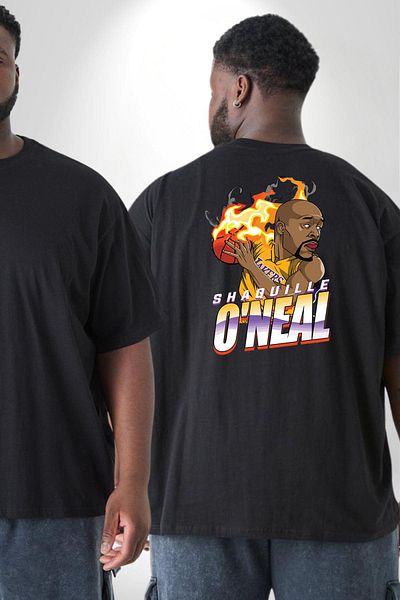 Angemiel Shaquille Oneal Star Fireball Pattern - تي شيرت أسود كبير الحجم، للنساء/الرجال/للجنسين