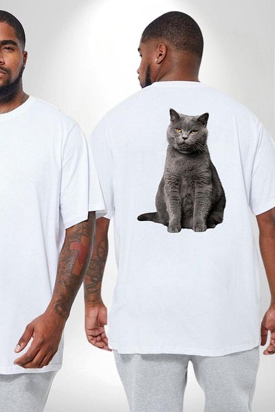 Angemiel تي شيرت أبيض كبير الحجم للجنسين من British Shorthair Cat - مطبوع على الظهر