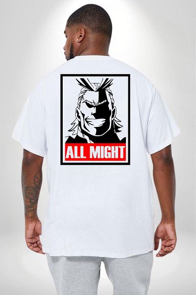 Angemiel تي شيرت All Might My Heroic Academy Anime - مقاس كبير أبيض للجنسين، مطبوع على الظهر