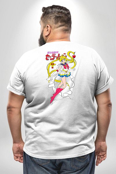 Angemiel تي شيرت أبيض مقاس كبير للجنسين من Sailor Moon Anime Usagi Tsukino - مطبوع على الظهر
