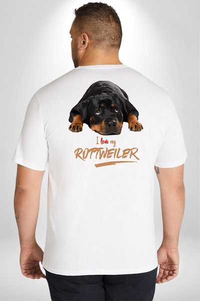 Angemiel تي شيرت Rottweiler Love مقاس كبير أبيض للجنسين - مطبوع من الخلف