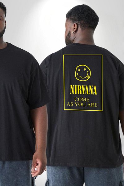 Angemiel Nirvana Music Band - تي شيرت أسود كبير الحجم للجنسين مع طباعة خلفية