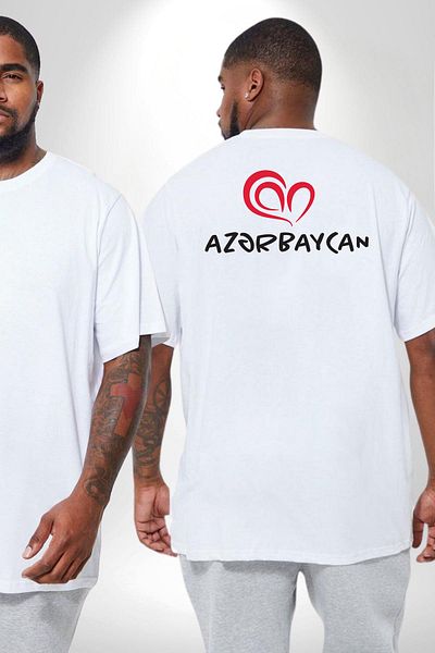 Angemiel تي شيرت I Love Aserbaidschan - مقاس كبير أبيض للجنسين، مطبوع على الظهر