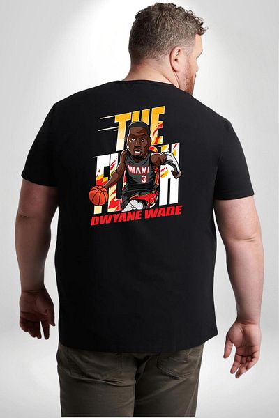 Angemiel تي شيرت أسود كبير الحجم لكرة السلة Dwyane Wade Miami - للنساء/الرجال، مطبوع على الظهر