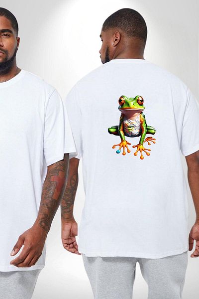Angemiel تي شيرت أبيض مقاس كبير - Frog Frog Prince، ظهر مطبوع للجنسين