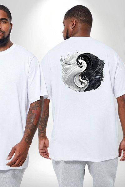 Angemiel تي شيرت أبيض مقاس كبير - Ying Yang، للرجال والنساء، مع طباعة خلفية