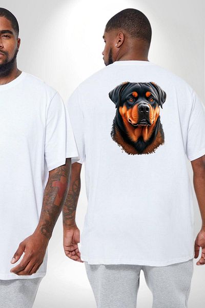 Angemiel تي شيرت Rottweiler A Secere - مقاس كبير أبيض للجنسين للرجال والنساء، مطبوع على الظهر