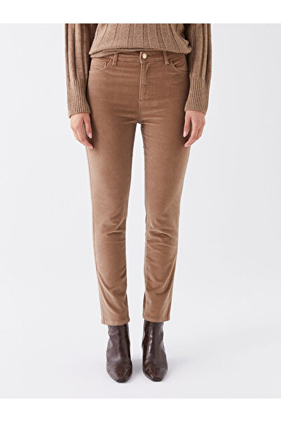 LC Waikiki Kahverengi Normal Bel Dar Fit Düz Kadife Kadın Pantolon