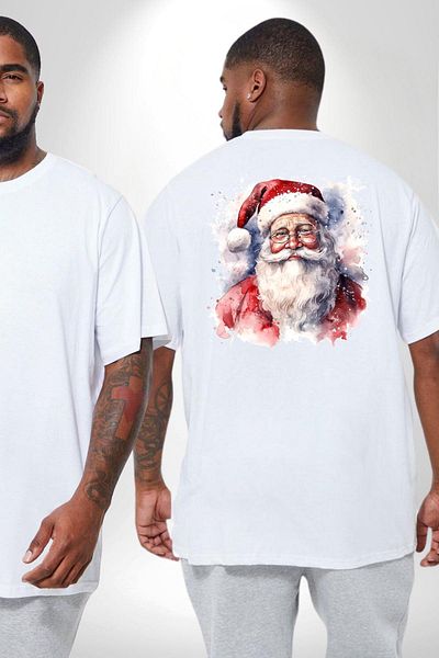 Angemiel تصميم رأس السنة الجديدة Happy Santa - تي شيرت أبيض كبير الحجم للجنسين، مطبوع على الظهر