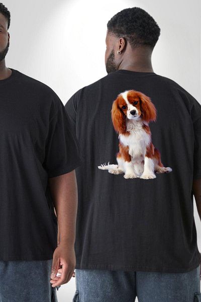 Angemiel تي شيرت أسود كبير الحجم للجنسين من Cavalier King Charles Spaniel - مطبوع على الظهر