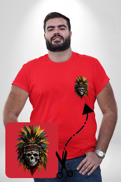 Angemiel Red Plus Size Skull Skeleton Patterned Feather Eagle Chief T-Shirt - Minimal Printed