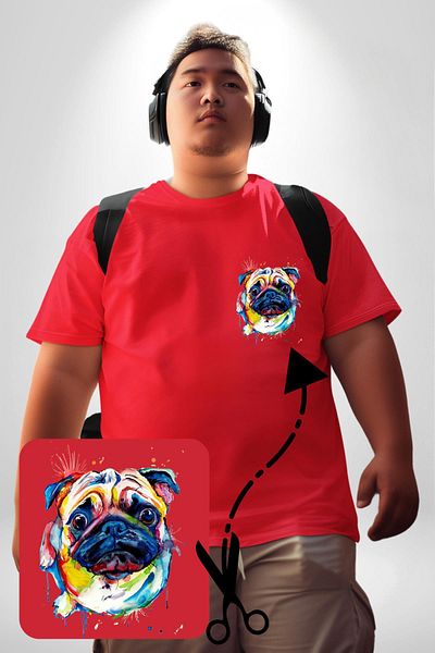Angemiel Red Large Size Water Color Pug Dog Pattern Basic T-Shirt
