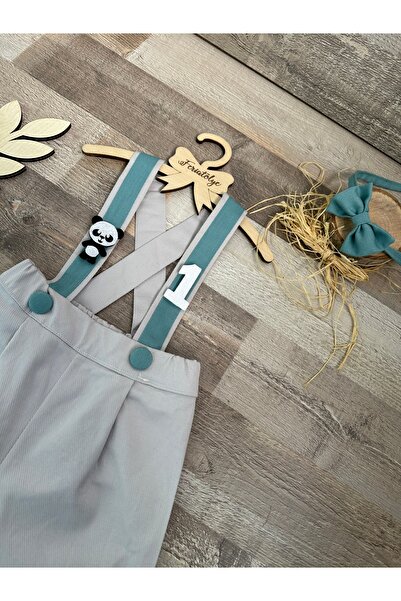 Feriatolye Panda Concept Baby Boy Fog Color Mint Suspender Detailed Trousers Salopet Bow Tie Set