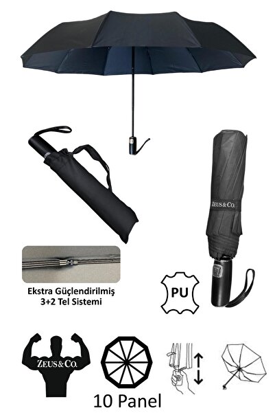Zeus&Co. Siyah Deri Saplı Ultra Dayanıklı Şemsiye 3+2 Tel Sistemi