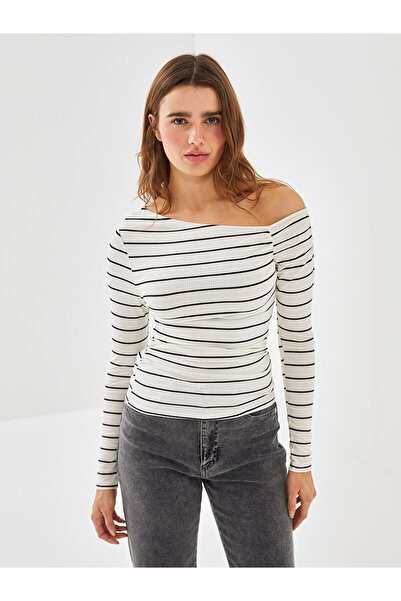 LC Waikiki Lcw Vision Ecru Boat Neck Striped Women's Bodysuit