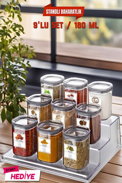 Open Home Concept 9-Piece Square Spice Storage Set with Transparent Stand and Labels