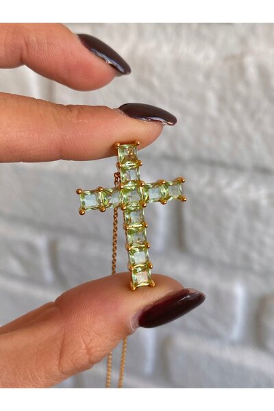 h&b design jewel Çelik Gold Yeşil Taşlı Haç Kolye