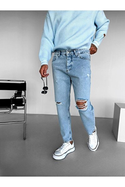 ablukaonline Men's Boyfriend Fit Distressed Jeans Light Blue