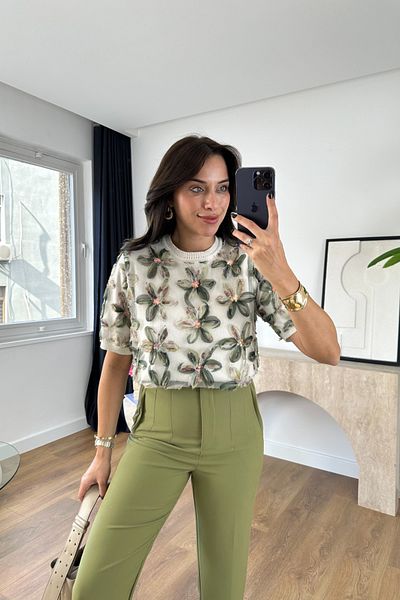 BİRCANÇİL Vodi Ecru Green Floral Patterned Knitwear