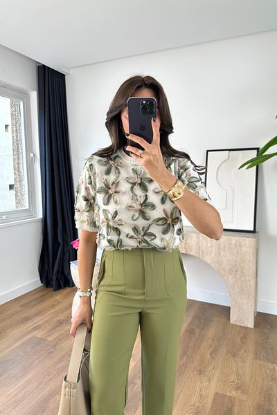 BİRCANÇİL Vodi Ecru Green Floral Patterned Knitwear