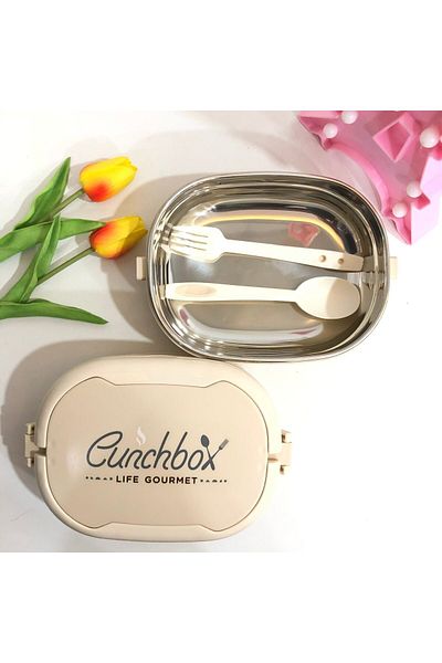 Tantitoni Stainless Steel Rectangular Food Carrying Container with Fork and Spoon 900 ml