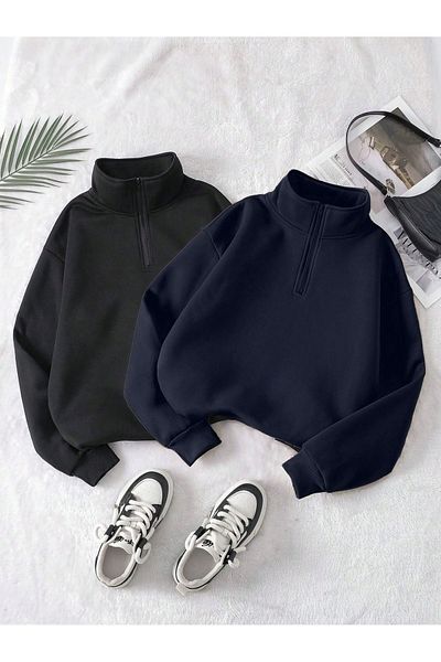 Know Women's 3 Thread Black Navy Blue Oversize Half Zipper 2-Piece Sweatshirt Set