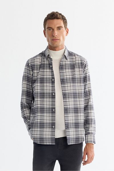Avva Men's Gray Bottom Britli Collar Plaid 100% Cotton Flannel Shirt A42Y2143