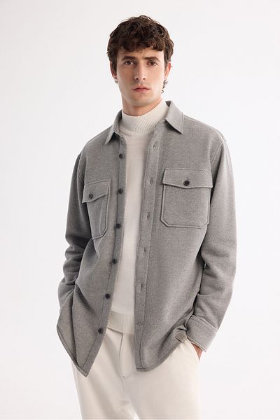 Avva Men's Gray Classic Collar Cotton Knitted Shirt Jacket A42Y2176