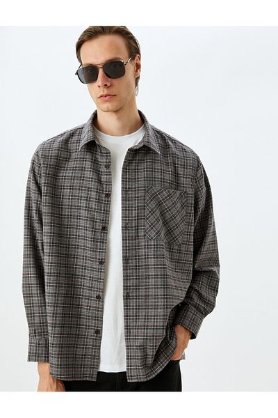 Koton Long Sleeve Pocket Detailed Cotton Blend Plaid Lumberjack Shirt