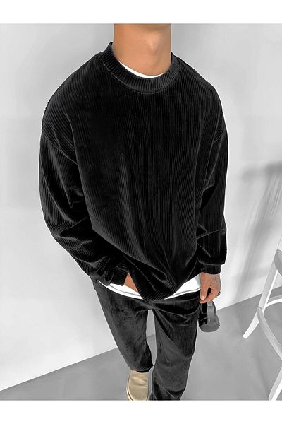 ablukaonline Hanorac oversize din catifea pentru bărbați negru - gât rotund, design cu nervuri
