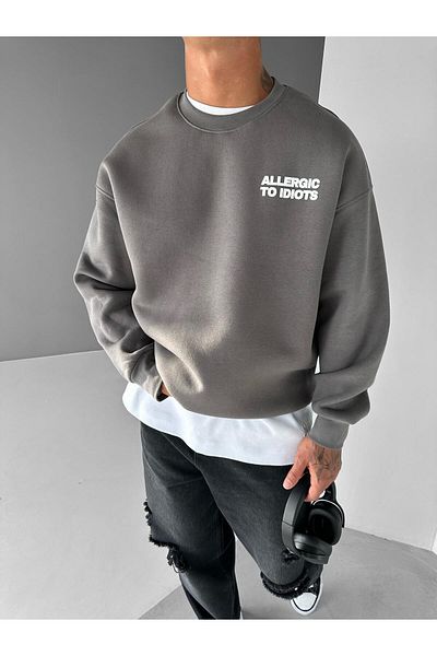 ablukaonline Men's Oversize Smoked Sweatshirt - Round Neck, Long Sleeve, Printed