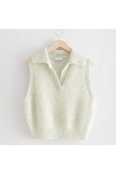 winter club Cream Polo Collar Ribbed Edged Sleeveless Silk Sweater - Ecru