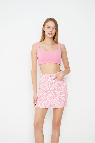 comstar Women's Leopard Print Mini Denim Skirt