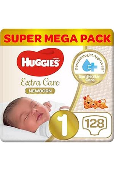 Huggies Extra Care Newborn, Size 1, Up to 5 kg, Twin Jumbo Pack, 128 Diapers
