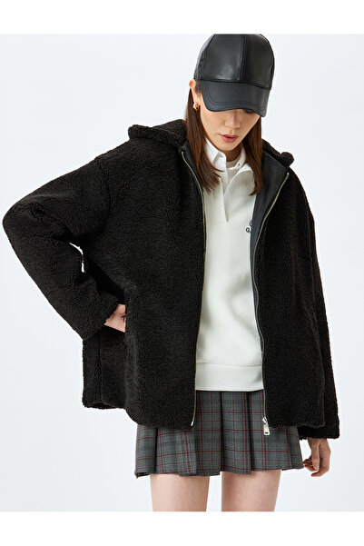 Koton Λεπτομερές βελούδινο μπουφάν με κουκούλα με φερμουάρ