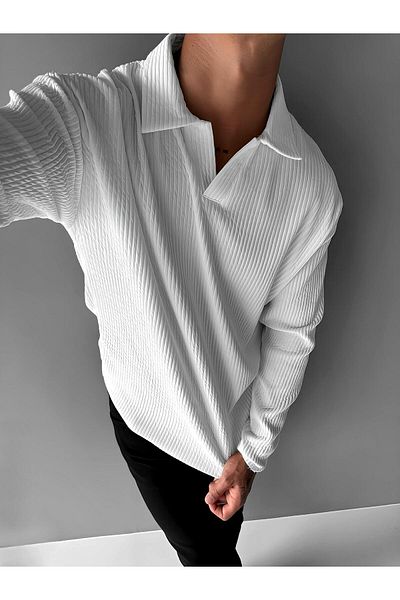 ablukaonline White Men's Polo V-Neck Long Sleeve Sweatshirt - Comfortable Fit