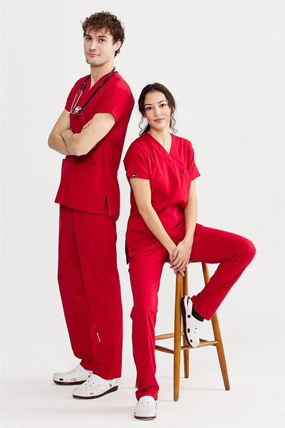 Çatı Medikal Ultralycra Basic - Set de scrubs pentru doctor asistentă din Lycra, uniformă chirurgicală (UNISEX), roșu
