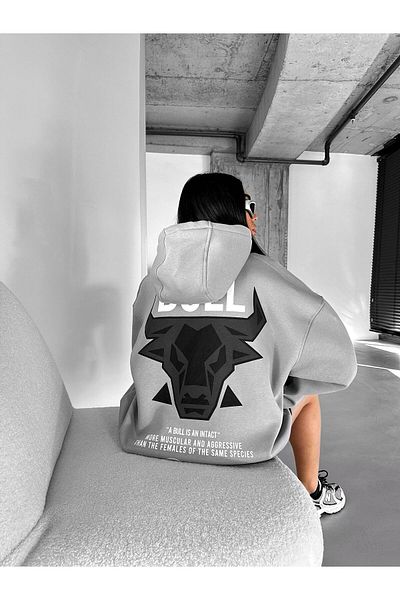 ablukaonline Gray Unisex Oversize Bull Printed Hoodie