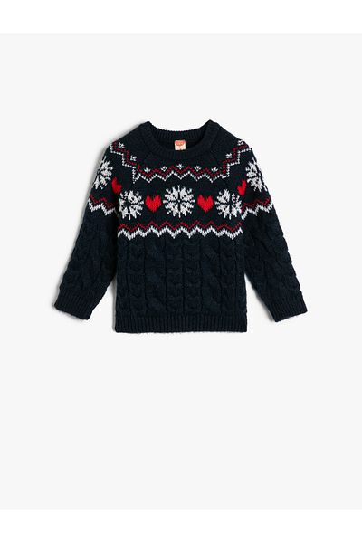 Koton Gemusterter Strickpullover mit Rundhalsausschnitt und langen Ärmeln