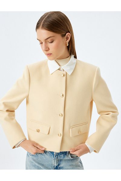 Koton Collarless Pocket Detailed Slim Fit Crop Jacket